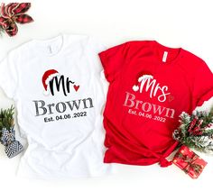 Our First Christmas Matching Couples Shirts with Wedding Date and Custom Name, Mr and Mrs Matching Couple T shirt, Newly wed Christmas Shirt Please write down the family name and date in the personalization box! Hello, I am Daisy, the owner of  Daisy Tee US .Welcome to my shop, a heaven of creativity and warmth, where family and passion come together to bring you delightful t-shirts! We believe in the power of a t-shirt to not just elevate your style but also to create cherished memories with yo Xmas Pictures, Christmas Pjs, Matching Couple Shirts, Couple T-shirt, Star Shirt, Matching Couples, Couple Shirts, Christmas Wedding, Favorite Shirts