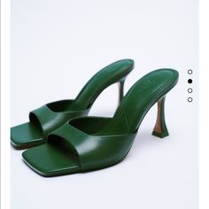 38/7.5 Price Is Firm Rare And New Collection Green Heels With Deep Heel Cup For Summer, Green Heels With Sculpted Heel And Single Toe Strap, Green Leather Heels With Single Toe Strap, Green Open Toe Leather Mules, Green Leather Open Toe Mules, Chic Leather Heels With Heel Loop, Green Open Toe Formal Mules, Elegant Green Mules With Pointed Toe, Elegant Green Pointed Toe Mules