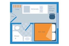 a blue and white floor plan for a bedroom