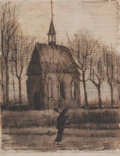 a drawing of a church with a person walking in the foreground and trees behind it