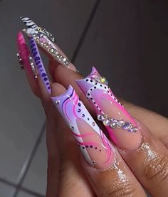 Unique Acrylic Nail Designs, Purple And Pink Nails, Idol Nails, Boujee Nails, Purple Acrylic, Baddie Nails