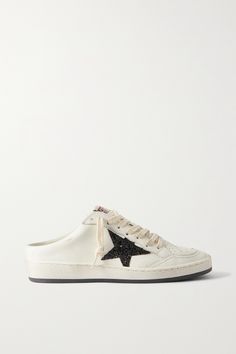 Just when you thought your favorite sneakers couldn't get more comfortable, in comes Golden Goose's 'Ball Star Sabot' pair, which don't even require lacing. Made in Italy from smooth leather, they're stitched with glittery leather stars and artfully distressed. Golden Goose Ball Star, Golden Goose Shoes, Golden Goose Deluxe Brand, Glitter Stars, Black Star, Black Glitter, Golden Goose, Shoes Shoes, Leather Slip Ons