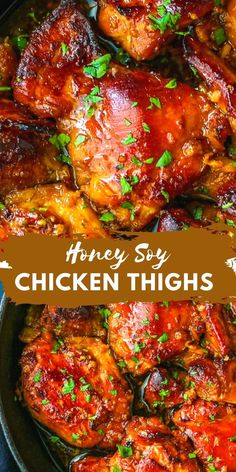 honey soy chicken thighs in a skillet with the title overlay reads honey soy chicken thighs