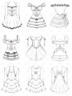 different types of dresses drawn in pencil