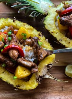 a pineapple with meat and vegetables in it