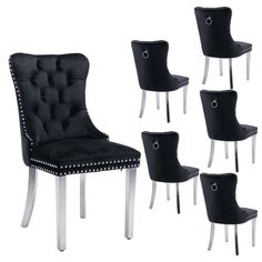 six black velvet chairs with chrome legs and studded buttons on the backrests