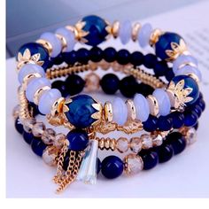 Set Of 4 Bracelets Materia: Natural Stone And Crystal - Adjustable Color: In Navy Blue, Baby Blue, Gold Jewelry Organizer Diy, Bracelet Ideas, Creating Jewelry, Blue Baby, Crystal Shop, Ethnic Style, Bohemian Jewelry, Ethnic Fashion, Jewelry Organization