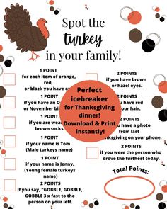 a poster with words that say, spot the turkey in your family and an image of a turkey