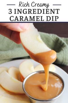 caramel dip being drizzled over sliced apples on a white plate with text