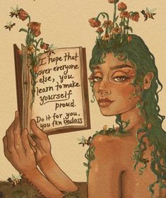 a drawing of a woman holding a book with writing on it and flowers in her hair