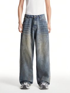 Men's Washed Pocket Loose Wide Leg Casual Versatile Denim Baggy Jeans Baby Blue    Denim Plain Wide Leg Non-Stretch  Men Clothing, size features are:Bust: ,Length: ,Sleeve Length: Denim Baggy Jeans, Baggy Jean, Jeans Casual, Baggy Jeans, Men Clothing, Blue Man, All Fashion, Halloween Costume, Baby Blue