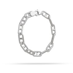 Our round link Mariner style Bracelet is customer designed and handmade, unlike the other mariner designs there is no machining or beveleing effect on the links. This custom link measures approximately 6.7 mm wide x 13mm long. Custom length options available from 7-9.5 inches. The Bracelet is constructed of 100% .925 Sterling Silver or 10k, 14K, or 18K Gold and has a large easy to use, secure lobster claw clasp. Sizes: Link Width: 6.7mm (Approximately) 13mm Gold Weight: 30 grams (Approximately a Everyday Sterling Silver Bracelet With Solid Link, Timeless Sterling Silver Bracelet With Solid Link, Modern Chain Link Bracelet With Hooks And Links, White Gold Link Bracelets With Cable Chain, White Gold Link Bracelets With Cable Chain Detail, White Gold Cable Chain Link Bracelet, White Gold Link Bracelet With Cable Chain, White Gold Bracelet With Solid Link Construction, White Gold Bracelets With Solid Rectangular Links