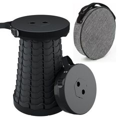 an image of a black and grey object with its lid open next to another item