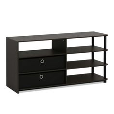 a black entertainment center with drawers and shelves