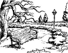 a black and white drawing of a park bench in the middle of a grassy area