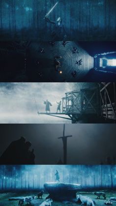 three different scenes from the same movie, one with a person standing on a platform