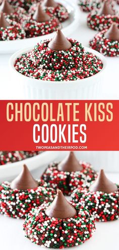 chocolate kiss cookies with sprinkles on top and in the background, there is a white bowl full of them