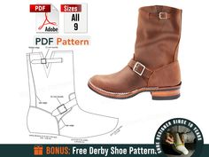 🔥 Get more than 48 sewing shoes patterns +new patterns monthly with Whole Shop Bundle: 👉 https://www.etsy.com/listing/1692898986 Ready to print real dimension Digital Pattern Engineer Boots PDF for Men All 9 Sizes Sewing Patterns : EUR 39-47 / US 6.5-13 / UK 5.5-12  » WHAT YOU RECEIVE « ✅  180 pages of PDF Letter & A4 printable Patterns all 9 sizes : EUR 39-47 / US 6.5-13 / UK 5.5-12  ✅ Illustrated Instructions Step-by-Step to Make Everything Easy for you; ✅ Instructions and details of printin Diy Leather Boots Pattern, Boots Pattern Template, Western Work Boots With Reinforced Stitching, Handmade Boots Pattern, Engineer Boots, Boots Patterns, Shoe Last, Shoe Pattern, Veg Tan Leather