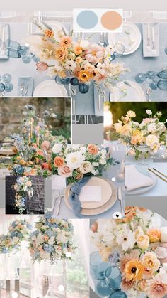 a collage of different pictures with flowers and blue accents on the table cloths