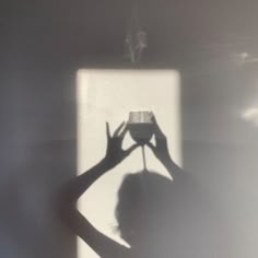 the shadow of a woman holding a wine glass in front of her face and hand