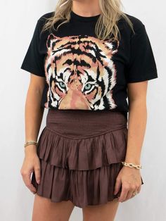 The vivid colors on this tiger tee make it a go-to for standing out in the crowd. This tee looks great under a denim jacket or front tucked and styled with a bright-colored blazer. SIZE & FIT Model is 5'6", wearing size small Tiger Print Short Sleeve T-shirt For Summer, Short Sleeve Tiger Print T-shirt For Summer, Fall Graphic Print T-shirt For Day Out, Trendy Fall T-shirt For Day Out, Casual Tiger Print Tops, Trendy Tiger Print Tops For Fall, Casual Tiger Print Tops For Spring, Casual Cotton Tiger Print T-shirt, Casual Cotton T-shirt With Tiger Print