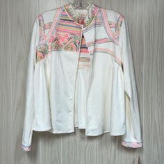 Gianni Bini Embroidered Jacket Size Medium New With Tags Cream Embroidered Cotton Outerwear, Fall Floral Embroidery Tops With Stand Collar, Beige Long Sleeve Outerwear With Floral Embroidery, Cream Long Sleeve Outerwear With Floral Embroidery, Embroidered Cream Outerwear For Spring, White Stand Collar Outerwear For Spring, White Folk Outerwear For Winter, White Folk Style Winter Outerwear, Spring Outerwear With Floral Embroidery And Stand Collar