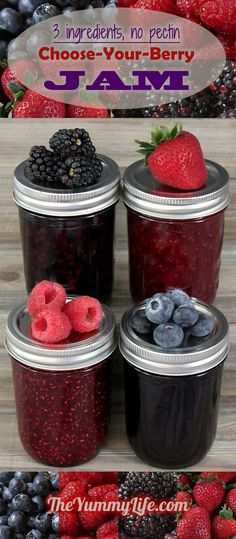 four jars filled with berries and blueberries on top of a wooden table next to each other