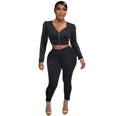 Solid Ruched Crop Top Jacket Pencil Pants Tracksuits Fitted Trendy Pantsuit For Fall, Stretch Long Sleeve Pantsuit For Fall, Ruched Pants For Fall, Fitted Ruched Pants For Fall, Crop Top Jacket, Ruched Crop Top, Pencil Pants, 1 Million, Jacket Tops