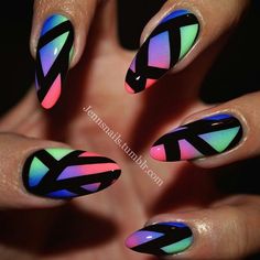 Unique Nails Square, Black And Neon Nail Art, Hypnotic Nails, Long Nail Designs, Neon Nails, Hot Nails, Unique Nails, Types Of Nails, Creative Nails