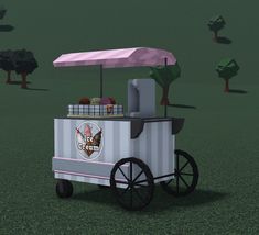 an ice cream cart with pink umbrella on top