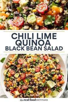 grilled quinoa salad with black beans, tomatoes and avocado in a white bowl