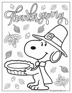 a thanksgiving coloring page with a cartoon character holding a pie in it's hand