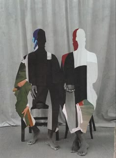 three mannequins are standing next to each other in front of a curtain