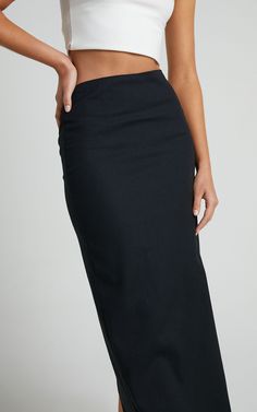 Vance Maxi Skirt - Linen Look Back Split Skirt in Black | Showpo USA Fitted Midi Length Bottoms For Night Out, Fitted Midi-length Lined Skirt, Classic Fitted Midi Bottoms, Fitted Classic Midi Length Bottoms, Sleek Lined Skirt For Summer, Sleek Fitted Midi Skirt, Sleek Fitted High Waist Skirt, Sleek High Waist Fitted Skirt, Sleek High-waist Fitted Skirt