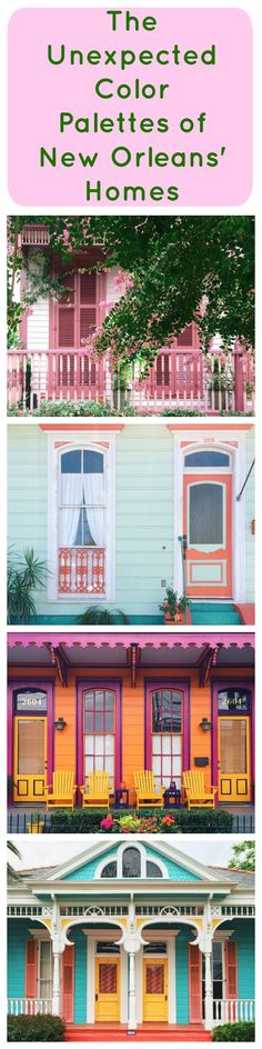 three different colored houses with the words painted on them