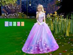 a barbie doll dressed in a purple and blue dress standing on the grass next to flowers