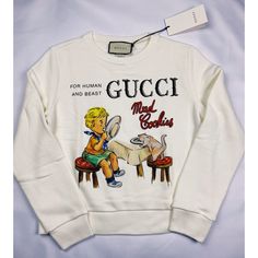 Positively Conscious Gucci Mad Cookies Sweatshirt Feeling A Little Nostalgic ? The Gucci Sweatshirt Gives A Nod To Childhood With Its Illustration-Style Print. Who Doesn’t Love Cookies?! Brand New With Tags Rrp $1100 Mostly Soldout Online In Xs Color - Off-White/Multicolor Authentic Guaranteed Measurement Available On Listing Photos Qualifies For Free Poshmark Authentication Ships Next Business Day Feel Free To Ask Any Further Questions Follow Us On Instagram @Vffluxury @Vffluxuryusa Designer Cotton Sweatshirt With Letter Print, Gucci Fitted Casual Top, Casual Fitted Gucci Tops, Luxury White Cotton Sweatshirt, Gucci Fitted Long Sleeve Top, Gucci Graphic Print Long Sleeve Sweatshirt, Gucci Crew Neck Sweatshirt With Graphic Print, White Gucci Sweatshirt With Logo Print, Designer Long Sleeve Tops With Logo Print