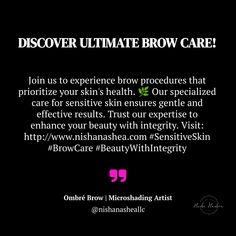 You don't have to compromise your skin's health for beauty. 🌿 

Our specialized care for sensitive skin ensures your brow procedures are gentle and effective. 

Trust our expertise to enhance your beauty while keeping your skin's needs in mind. 

#SensitiveSkin #BrowCare #BeautyWithIntegrity 

View our website: http://www.nishanashea.com
#Microshading #BrowArtist #Ombrebrows #PerfectBrows #EyebrowGoals #SemiPermanentMakeup #DFWbrows #dallasbrows #Arlingtonbrows Lash Course, Wfh Jobs, Wfh Job, Brow Care, Small Business Growth, Lash Growth, Semi Permanent Makeup, Brow Artist, Enhance Your Beauty