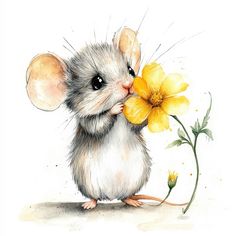 a watercolor painting of a mouse smelling a flower