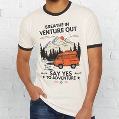 Adventure T-Shirt, Outdoor Adventure Shirt, Camping Shirt, Nature Lover Shirt, Mountain Shirt, Hiker T-Shirt, Vacay Shirt, Nature Lover Gift. Gear up for your next adventure with our Adventure T-Shirt! This shirt is a must-have for anyone who loves the great outdoors, whether you're hiking, camping, or simply enjoying nature. The design captures the spirit of adventure and the beauty of the natural world. Made from soft, durable fabric, this tee is perfect for all your outdoor activities, provid Custom Print Crew Neck T-shirt For Camping, Cotton T-shirt With Letter Print For Adventure, Casual Adventure T-shirt With Custom Print, Adventure Casual T-shirt With Custom Print, Adventure Crew Neck T-shirt With Custom Print, Adventure Custom Print Crew Neck T-shirt, Custom Print Crew Neck T-shirt For Adventure, White Cotton T-shirt For Camping, White Screen Print Adventure T-shirt