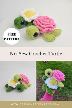 the crochet turtle is made with yarn and flowers