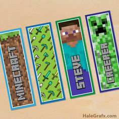 four minecraft bookmarks are shown in three different colors