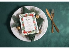 Customized floral Christmas menu with a gorgeous frame around the menu of winter greenery, poinsettias, white flowers and berries. Greenery Christmas, Dinner Party Menu