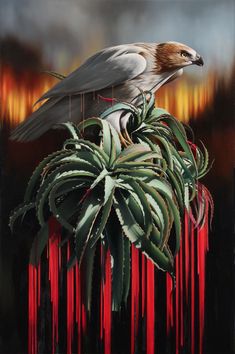 a painting of a bird perched on top of a plant with red drips around it