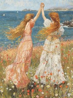 two women holding hands in front of the ocean