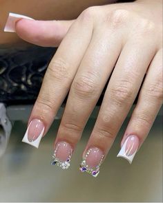 Blinged Out White French Tip Nails, French Tip W Diamonds, Short Nails Acrylic Rhinestones, Clean And Classy Nails, White French Tops With Gems, Short French Tip Acrylic Nails Rhinestones, Cute Short Acrylic Nails With Rhinestones, Short Square White French Tip Nails With Rhinestones, Short Square Acrylic Nails French Tips With Diamonds