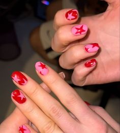 pink and red star nail art Red Star Nails, Stars Nails, Star Nail, Nail Jewelry, Pink Nail