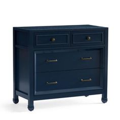 a dark blue dresser with two drawers and gold pulls on the bottom, against a white background