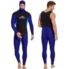 two men in wetsuits standing side by side, one wearing a black and blue body suit