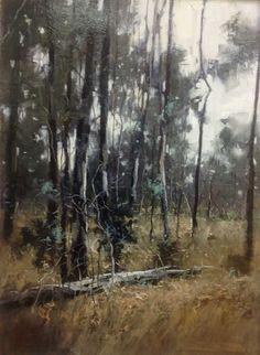 an oil painting of trees and grass in the woods